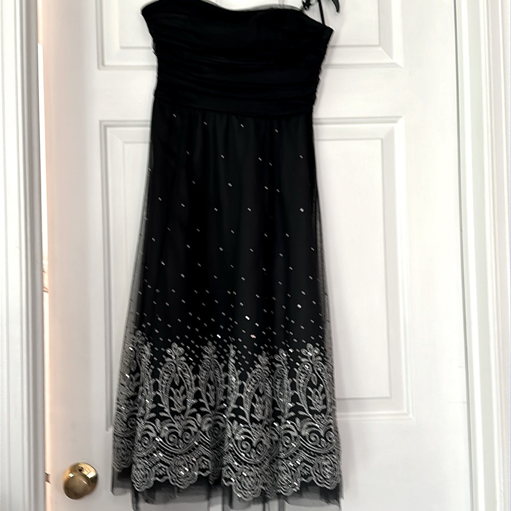 Stunning black mesh and silver strapless evening dress